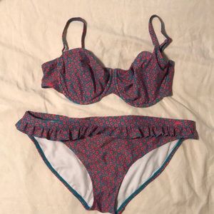 Turquoise and coral 2 piece bathing suit